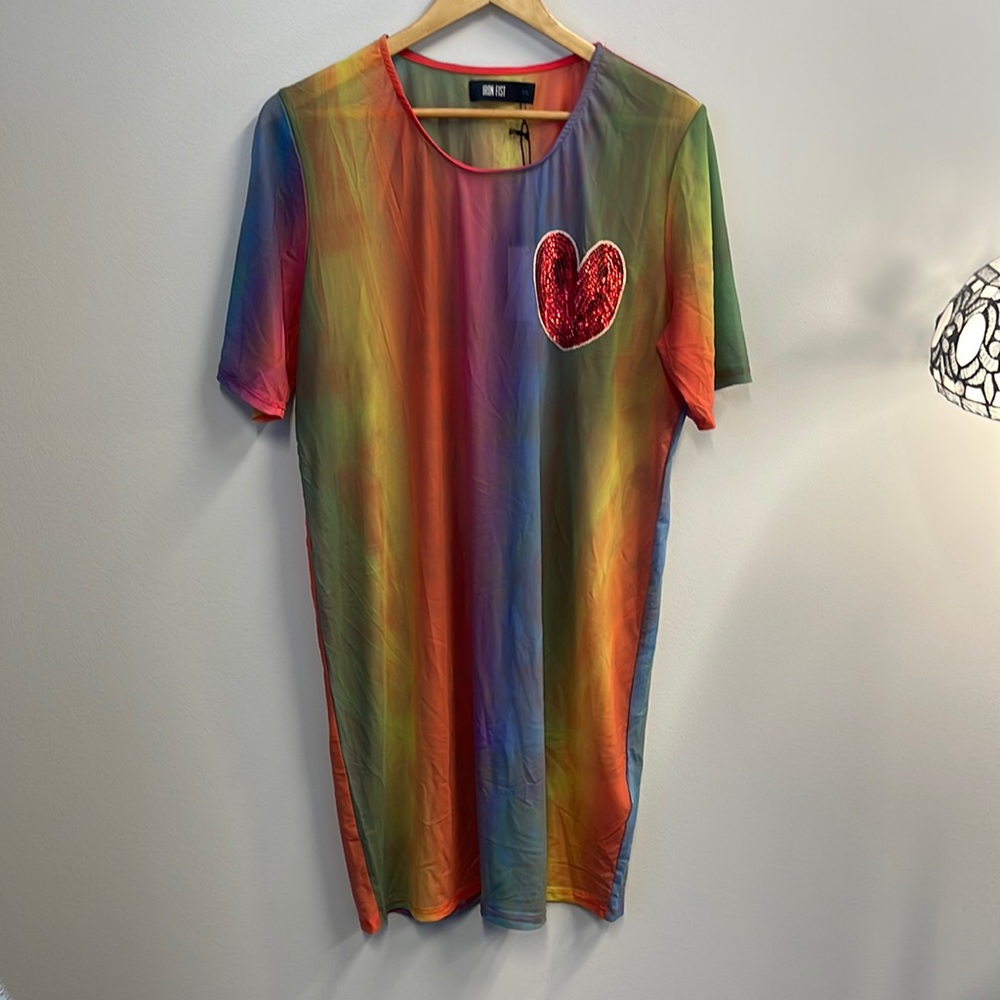 Plus Size Iron Fist Rainbow Red Sequin Heart Mini Dress Bold Beautiful 2XL NWT